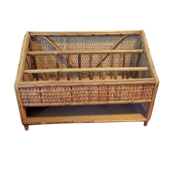 Vintage Bamboo Rattan Wicker Letter Holder Office Desk Organizer Boho 70’s MCM - Picture 1 of 7